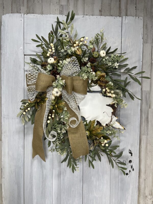 Neutral autumn maple leaf wreath with pumpkins greenery and natural ribbon
