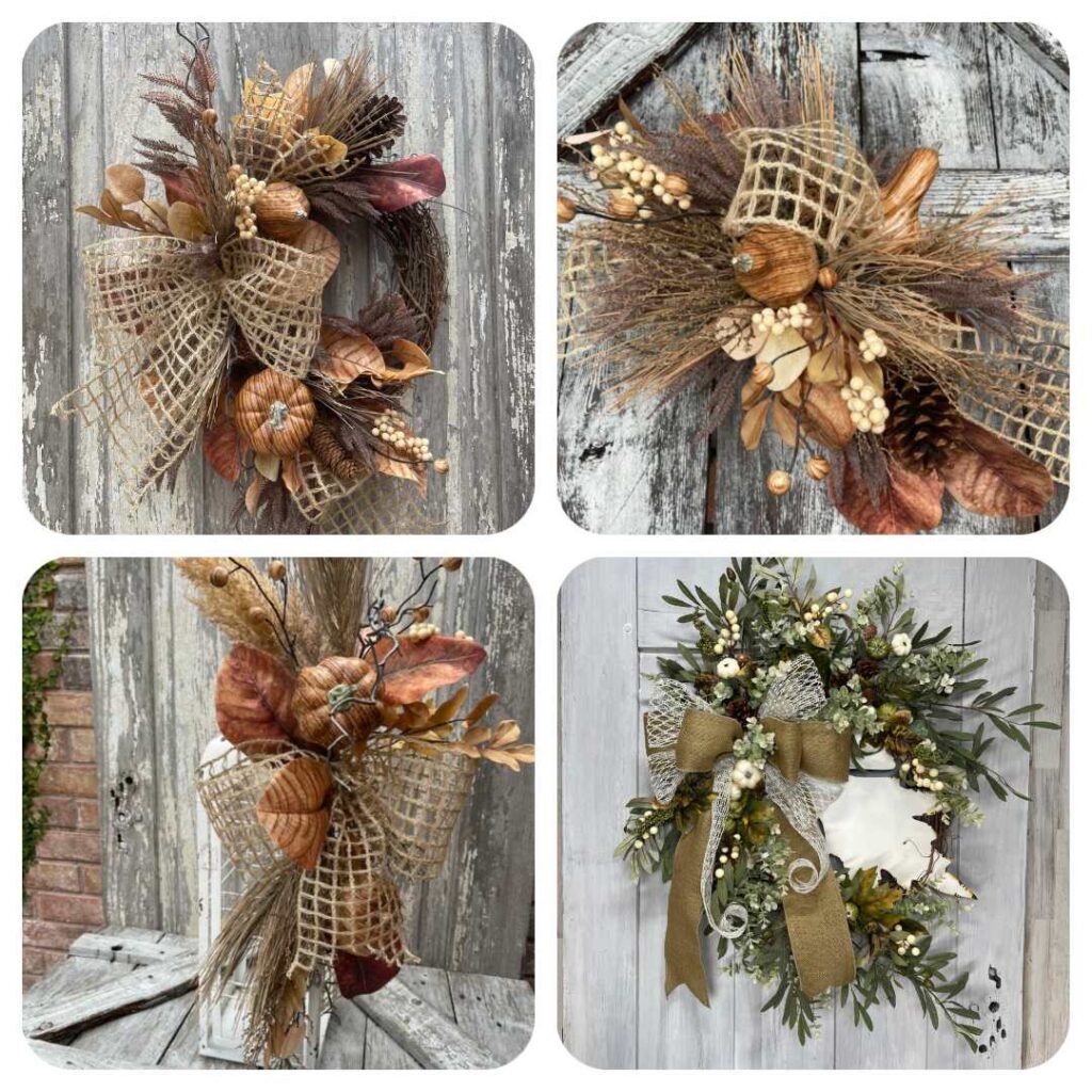 Four fall garland decorating ideas with autumn wreath arrangement and lantern swag