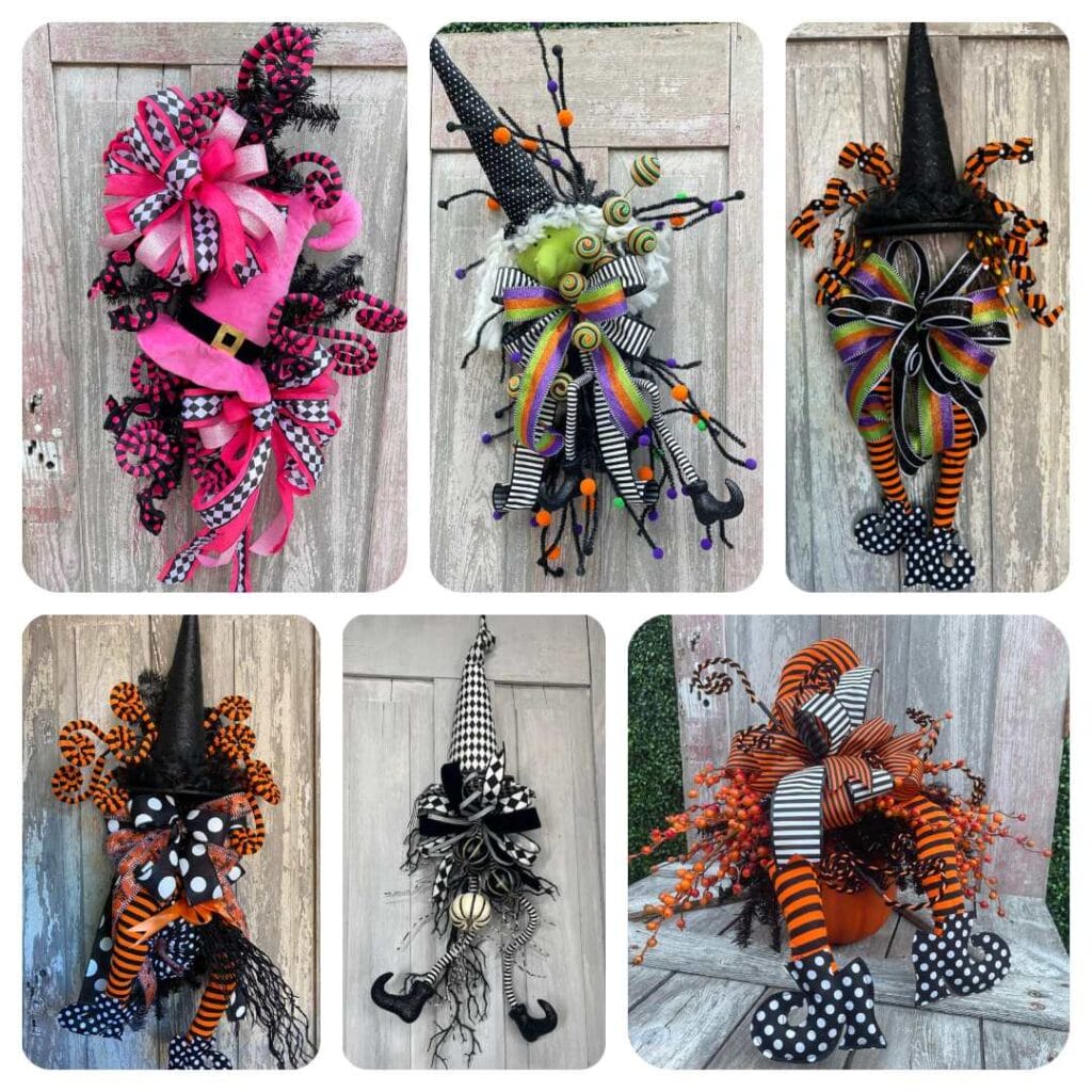 Six DIY witch decorations with Halloween wreaths swags and centerpiece