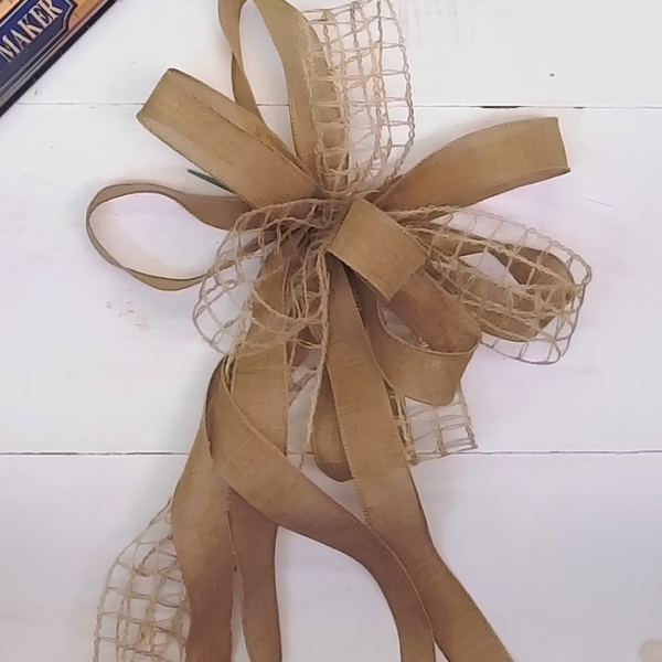 Rustic burlap bow with long neutral ribbon tails