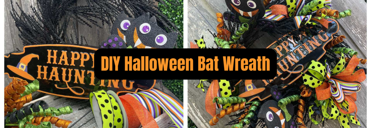 Halloween Bat Wreath in Neon Green and Orange with Happy Haunting sign