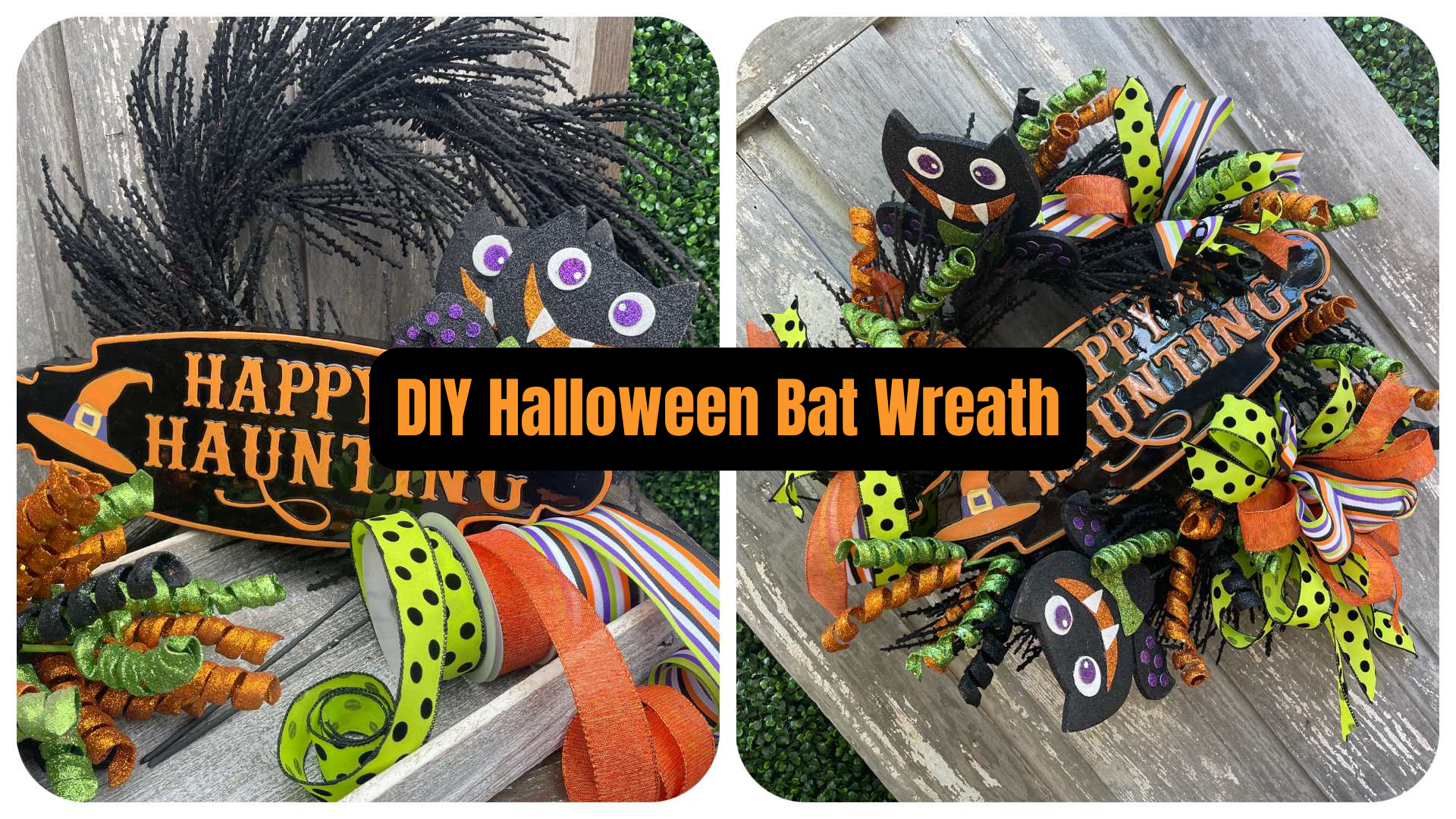 Halloween Bat Wreath in Neon Green and Orange with Happy Haunting sign