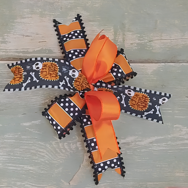 Orange and black Halloween funky bow with layered striped ribbon
