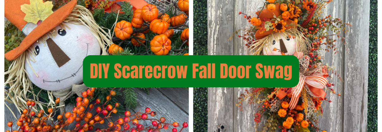 DIY scarecrow fall door swag with orange pumpkins berries sunflowers and autumn ribbon