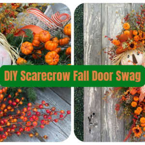 DIY scarecrow fall door swag with orange pumpkins berries sunflowers and autumn ribbon