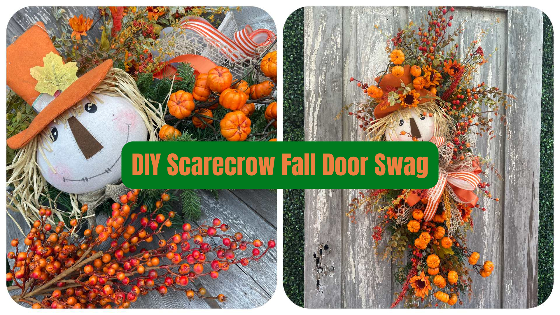 DIY scarecrow fall door swag with orange pumpkins berries sunflowers and autumn ribbon