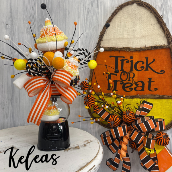 Halloween candy decor collection with candy corn door hanger and candy machine arrangement