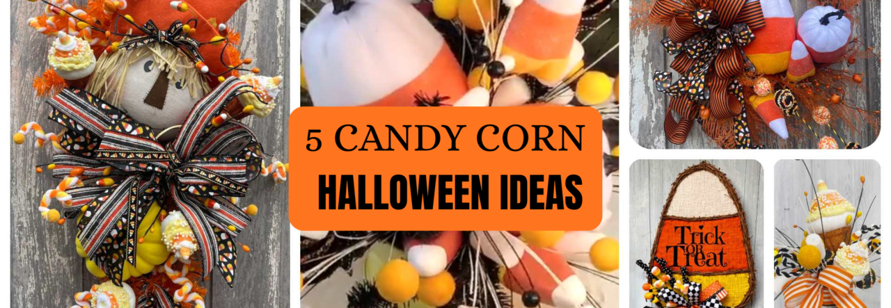Five candy corn Halloween decor ideas including wreaths, centerpieces and door decor