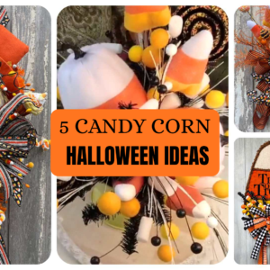 Five candy corn Halloween decor ideas including wreaths, centerpieces and door decor