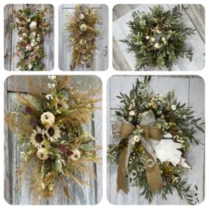 Five neutral pumpkin decor ideas featuring cream pumpkin wreaths and autumn swags