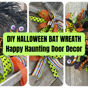 DIY Halloween bat wreath with Happy Haunting sign, colorful ribbon, glitter curls and playful bats