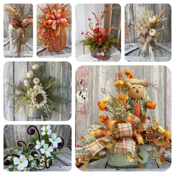 Fall floral arrangement ideas using pumpkins buckets lanterns and unexpected bases