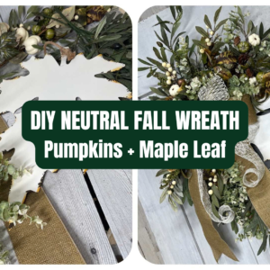 DIY neutral fall wreath with white pumpkins, maple leaf, greenery and burlap ribbon
