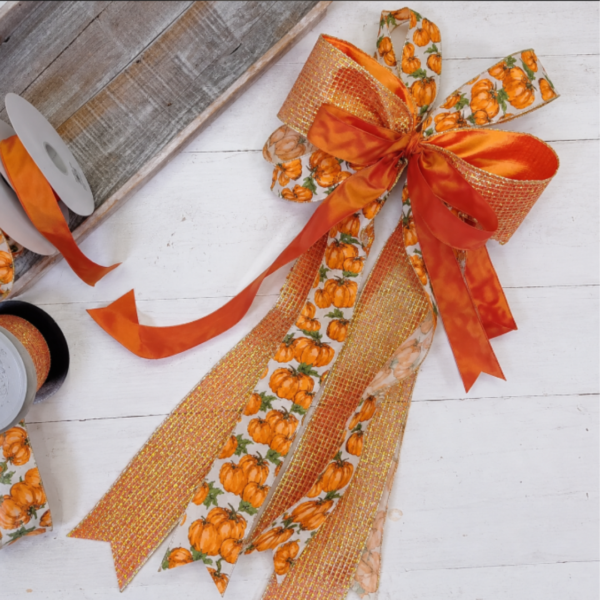 Fall pumpkin bow with orange ribbon and long tails