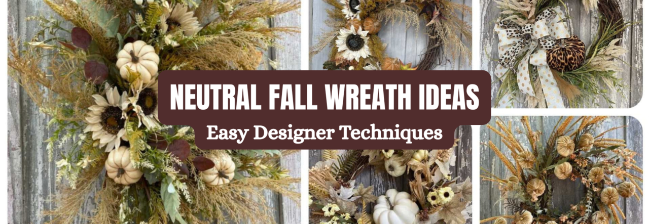 Neutral fall wreath ideas with pumpkins, sunflowers, natural greenery and autumn textures