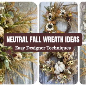 Neutral fall wreath ideas with pumpkins, sunflowers, natural greenery and autumn textures