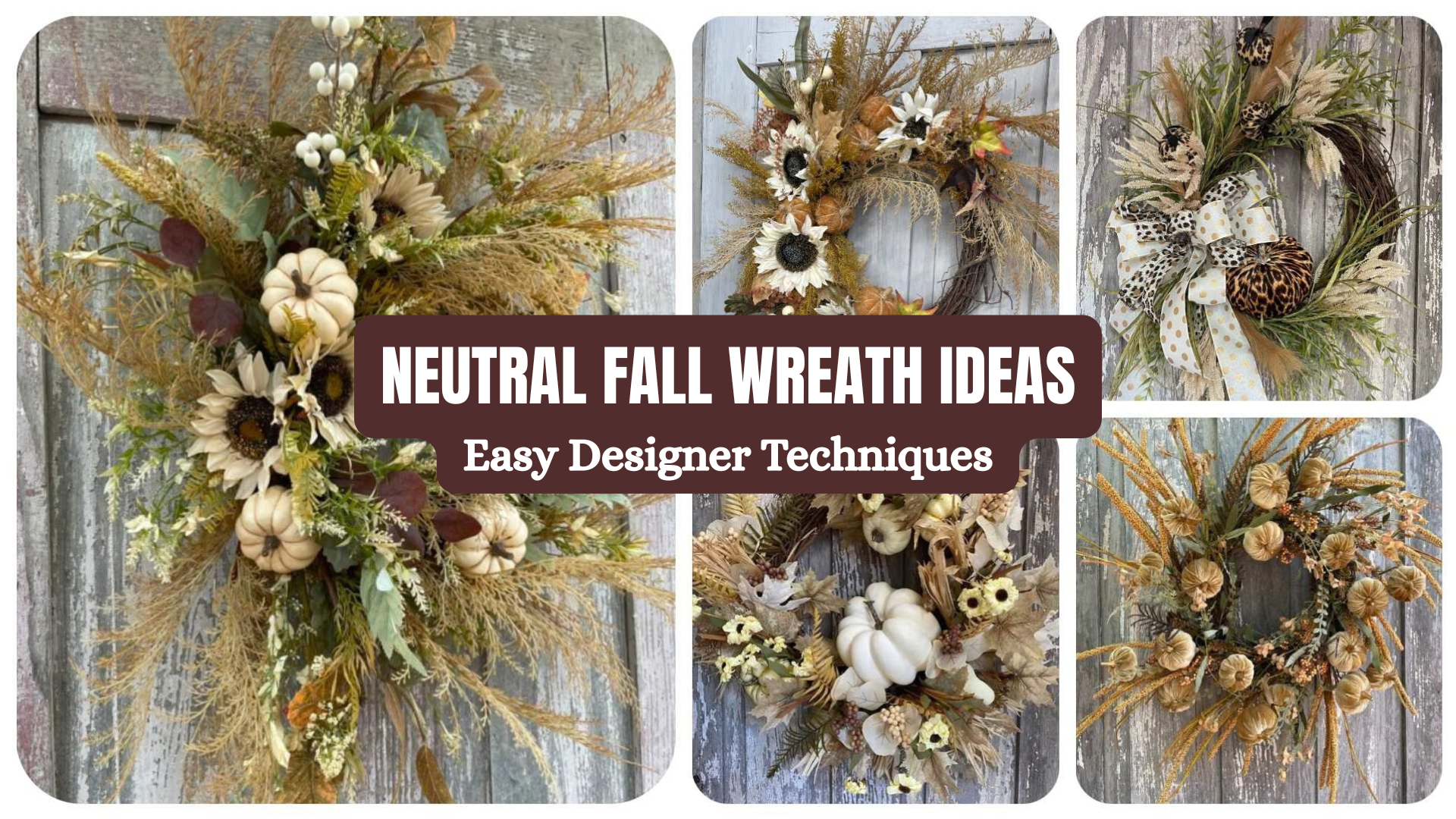 Neutral fall wreath ideas with pumpkins, sunflowers, natural greenery and autumn textures