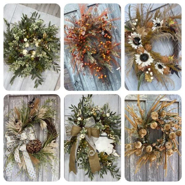 Six DIY fall grapevine wreath ideas featuring pumpkins sunflowers berries and natural autumn foliage