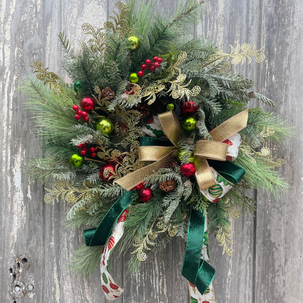 Vintage Christmas ornament wreath with layered pine greenery, classic ornaments and gold accents