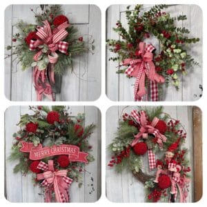 Four Christmas at the Cottage floral designs featuring red and white holiday wreaths, festive greenery, ribbon bows and a Christmas wall pocket