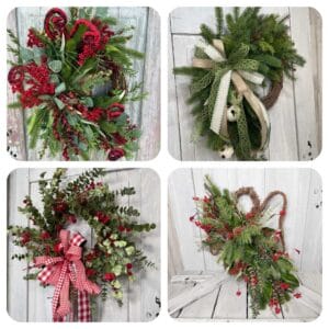 Collage of four rustic Christmas wreath and door decor designs featuring festive greenery, red ribbon, berries, and a grapevine angel door swag.