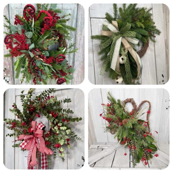 Collage of four rustic Christmas wreath and door decor designs featuring festive greenery, red ribbon, berries, and a grapevine angel door swag.